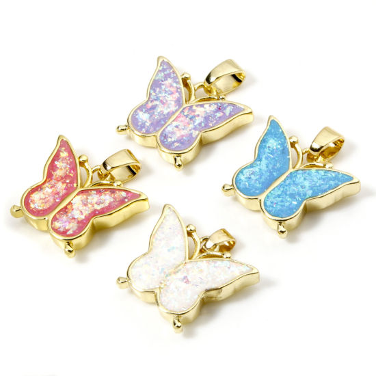 Picture of Brass Charm Pendant 18K Gold Plated Butterfly Animal Imitation Opal