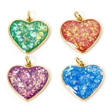Brass Valentine's Day Charms 18K Gold Plated Heart Imitation Opal 20mm x 18mm