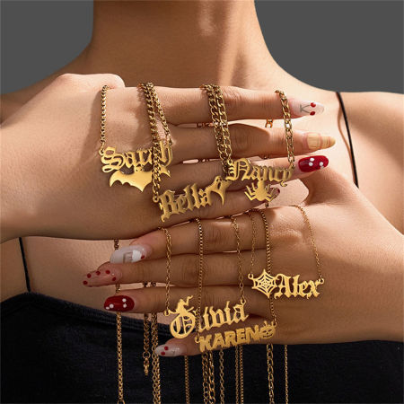 Imagen de 1 Unidad 304 Acero Inoxidable Halloween Collar con Nombre Personalizado Colgante con Letra Personalizada 45cm longitud
