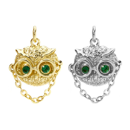 Immagine di 1 Pz Ottone Halloween Ciondoli Gufo Multicolore 3D Verde Cubic Zirconiae 18mm x 15.5mm