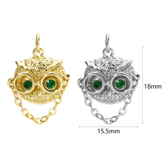 Immagine di 1 Pz Ottone Halloween Ciondoli Gufo Multicolore 3D Verde Cubic Zirconiae 18mm x 15.5mm