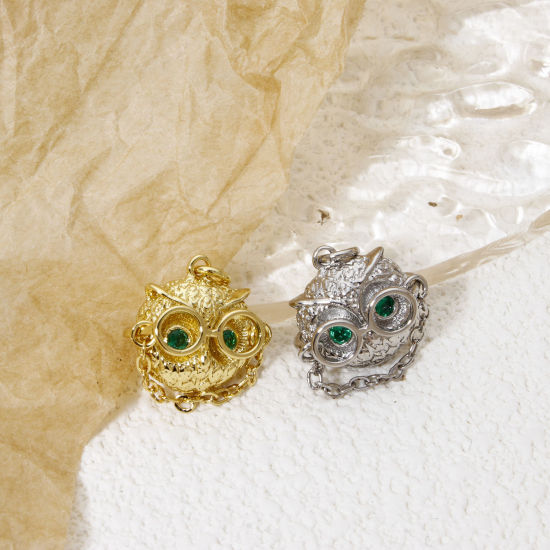 Immagine di 1 Pz Ottone Halloween Ciondoli Gufo Multicolore 3D Verde Cubic Zirconiae 18mm x 15.5mm