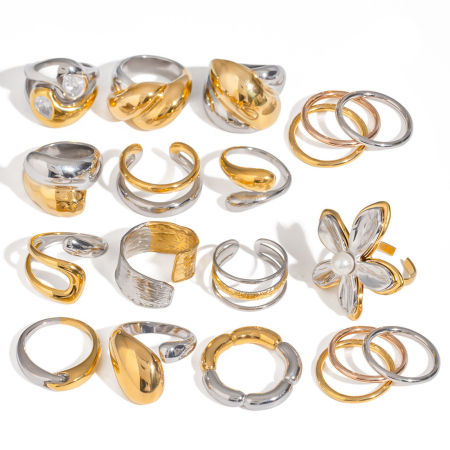 Eco-friendly Ins Style 18K Real Gold Plated & Silver Tone 304 Stainless Steel Unadjustable Rings 17.3mm(US Size 7)