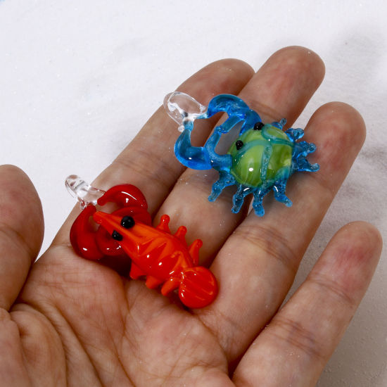 Image de 1 Piece Lampwork Glass Ocean Jewelry Pendants Multicolor Lobster Crab 3D