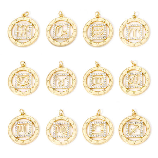 Picture of 1 Piece Eco-friendly Brass Charms 18K Real Gold Plated Round Constellation Hollow Clear Cubic Zirconia 24mm x 19mm