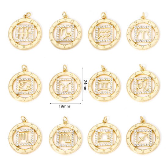 Picture of 1 Piece Eco-friendly Brass Charms 18K Real Gold Plated Round Constellation Hollow Clear Cubic Zirconia 24mm x 19mm