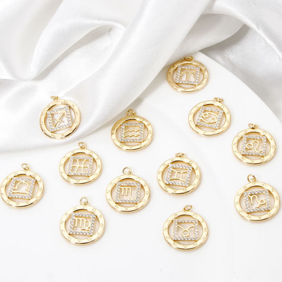 Picture of 1 Piece Eco-friendly Brass Charms 18K Real Gold Plated Round Constellation Hollow Clear Cubic Zirconia 24mm x 19mm