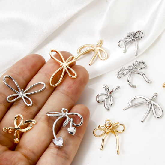 Bild von 2 PCs Eco-friendly Brass Clothes Charms Real Gold Plated Bowknot Clear Cubic Zirconia