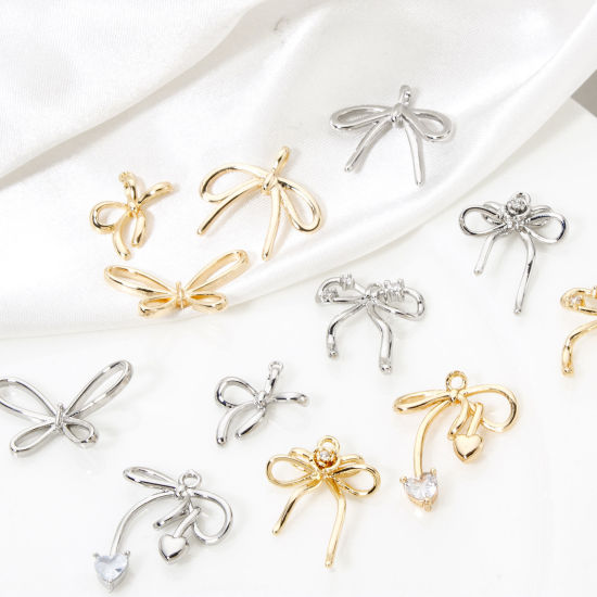 Bild von 2 PCs Eco-friendly Brass Clothes Charms Real Gold Plated Bowknot Clear Cubic Zirconia