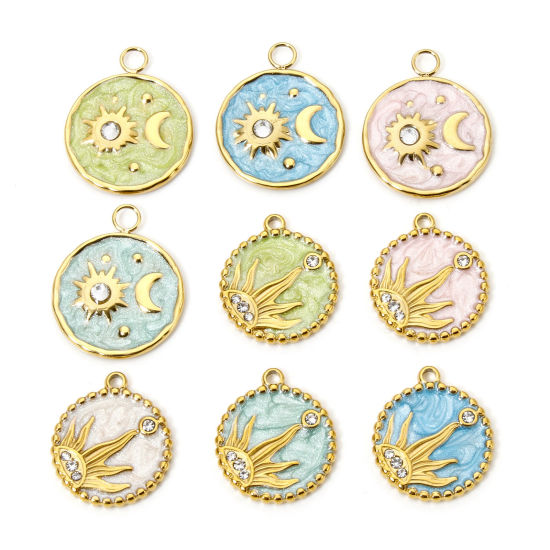 Immagine di 1 Pz Placcatura Sottovuoto Ecologica 304 Acciaio Inossidabile Galassia Ciondoli Tondo 18K Vero Oro Placcato Luna Smalto 24mm x 20mm