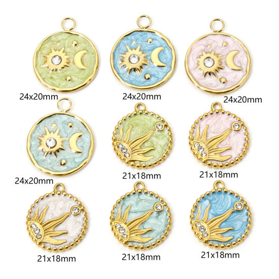 Immagine di 1 Pz Placcatura Sottovuoto Ecologica 304 Acciaio Inossidabile Galassia Ciondoli Tondo 18K Vero Oro Placcato Luna Smalto 24mm x 20mm