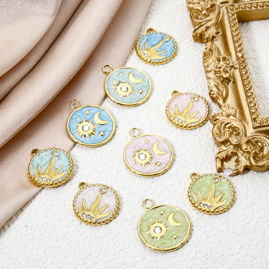 Immagine di 1 Pz Placcatura Sottovuoto Ecologica 304 Acciaio Inossidabile Galassia Ciondoli Tondo 18K Vero Oro Placcato Luna Smalto 24mm x 20mm