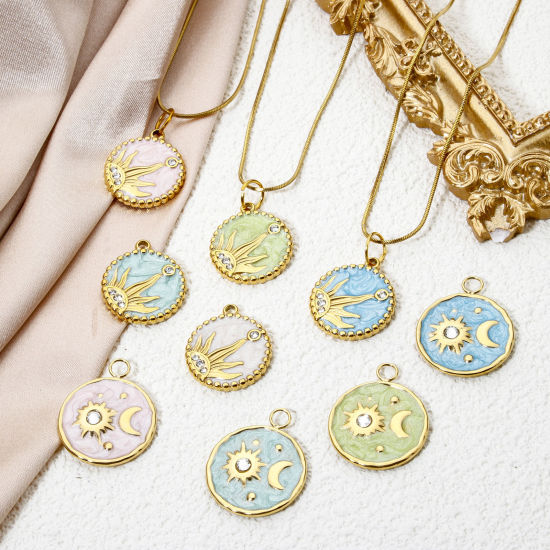 Immagine di 1 Pz Placcatura Sottovuoto Ecologica 304 Acciaio Inossidabile Galassia Ciondoli Tondo 18K Vero Oro Placcato Luna Smalto 24mm x 20mm