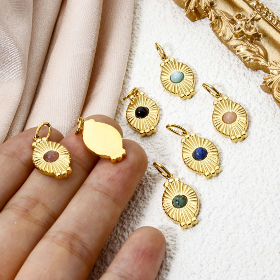 Изображение 1 ШТ Экологически чистое вакуумное покрытие 304 Нержавеющая Сталь Подвески Овальные 18K настоящее золото с покрытием Разноцветный Солнечные лучи С Смолы Кабошона 26мм x 11мм