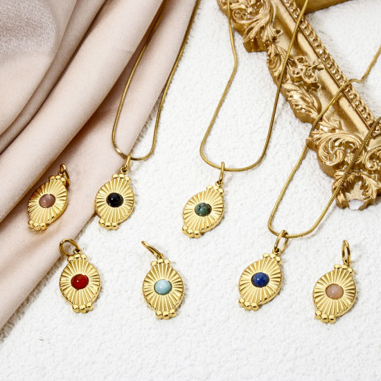 Изображение 1 ШТ Экологически чистое вакуумное покрытие 304 Нержавеющая Сталь Подвески Овальные 18K настоящее золото с покрытием Разноцветный Солнечные лучи С Смолы Кабошона 26мм x 11мм