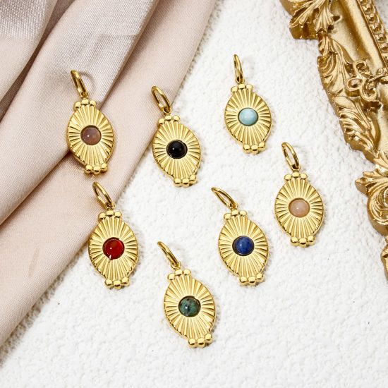 Изображение 1 ШТ Экологически чистое вакуумное покрытие 304 Нержавеющая Сталь Подвески Овальные 18K настоящее золото с покрытием Разноцветный Солнечные лучи С Смолы Кабошона 26мм x 11мм