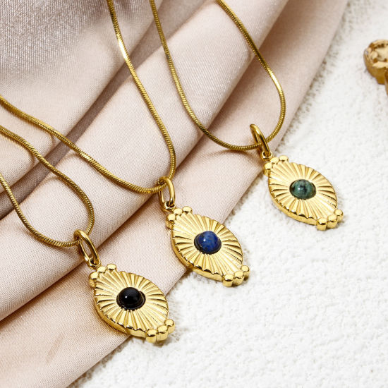 Изображение 1 ШТ Экологически чистое вакуумное покрытие 304 Нержавеющая Сталь Подвески Овальные 18K настоящее золото с покрытием Разноцветный Солнечные лучи С Смолы Кабошона 26мм x 11мм