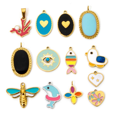 Picture of Eco-friendly Vacuum Plating 304 Stainless Steel Charms Gold Plated Multicolor Dolphin Animal Evil Eye Enamel