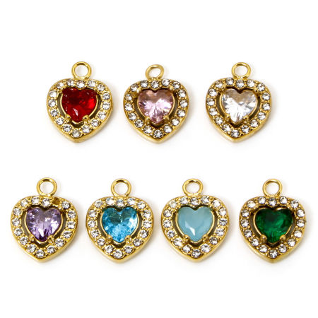 Umweltfreundliche Vakuumbeschichtung 304 Edelstahl Valentinstag Charms Herz Vergoldet Bunt Zirkonia 13mm x 10mm