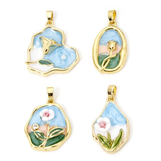 Picture of 1 Piece Brass Oil Painting Style Charm Pendant Real Gold Plated Multicolor Flower Enamel