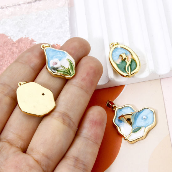 Picture of 1 Piece Brass Oil Painting Style Charm Pendant Real Gold Plated Multicolor Flower Enamel