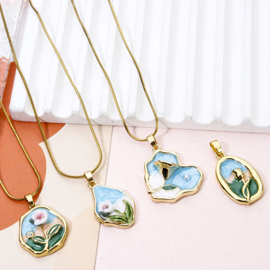 Picture of 1 Piece Brass Oil Painting Style Charm Pendant Real Gold Plated Multicolor Flower Enamel