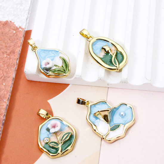 Picture of 1 Piece Brass Oil Painting Style Charm Pendant Real Gold Plated Multicolor Flower Enamel