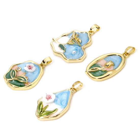 Picture of 1 Piece Brass Oil Painting Style Charm Pendant Real Gold Plated Multicolor Flower Enamel