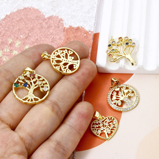 Picture of 2 PCs Brass Charm Pendant Real Gold Plated Tree of Life Hollow