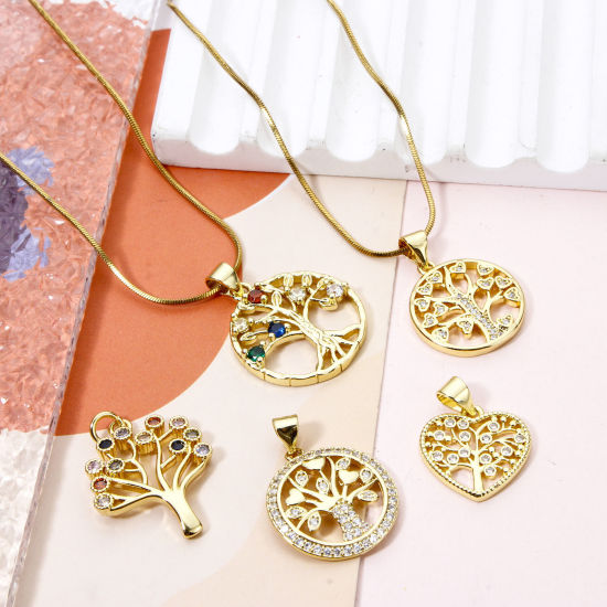 Picture of 2 PCs Brass Charm Pendant Real Gold Plated Tree of Life Hollow