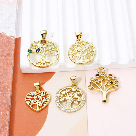 Picture of 2 PCs Brass Charm Pendant Real Gold Plated Tree of Life Hollow