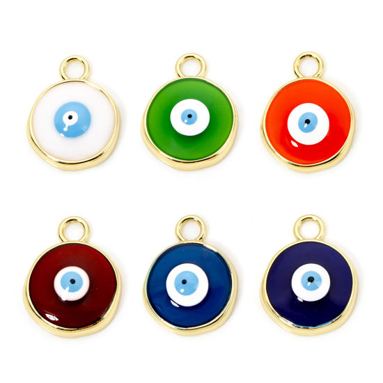 Picture of Eco-friendly Brass Religious Charms 18K Real Gold Plated Multicolor Round Evil Eye Enamel 28mm x 22mm