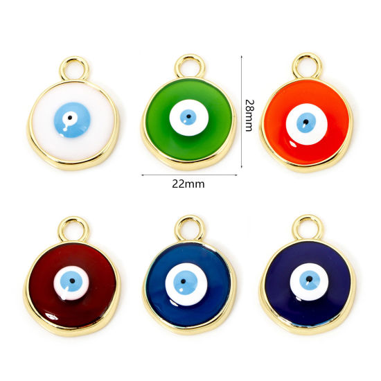 Picture of Eco-friendly Brass Religious Charms 18K Real Gold Plated Multicolor Round Evil Eye Enamel 28mm x 22mm