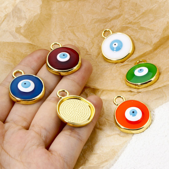 Picture of Eco-friendly Brass Religious Charms 18K Real Gold Plated Multicolor Round Evil Eye Enamel 28mm x 22mm