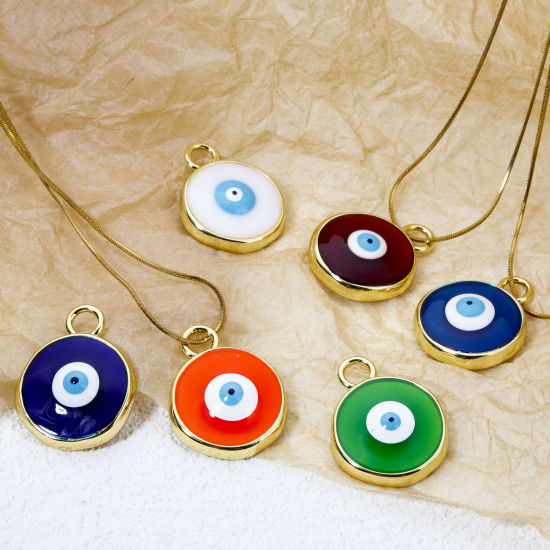 Picture of Eco-friendly Brass Religious Charms 18K Real Gold Plated Multicolor Round Evil Eye Enamel 28mm x 22mm