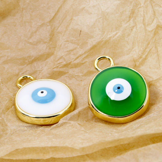 Picture of Eco-friendly Brass Religious Charms 18K Real Gold Plated Multicolor Round Evil Eye Enamel 28mm x 22mm