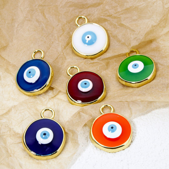 Picture of Eco-friendly Brass Religious Charms 18K Real Gold Plated Multicolor Round Evil Eye Enamel 28mm x 22mm