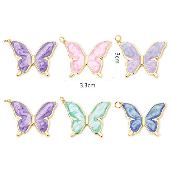 Picture of Eco-friendly Brass Insect Pendants 18K Real Gold Plated Multicolor Pearlized Butterfly Animal Enamel 3.3cm x 3cm