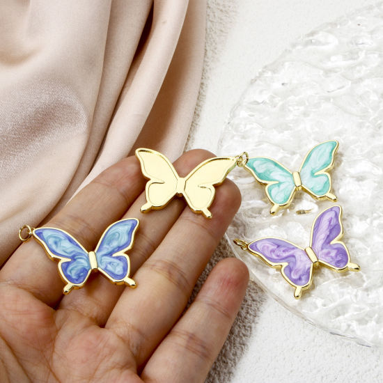 Picture of Eco-friendly Brass Insect Pendants 18K Real Gold Plated Multicolor Pearlized Butterfly Animal Enamel 3.3cm x 3cm