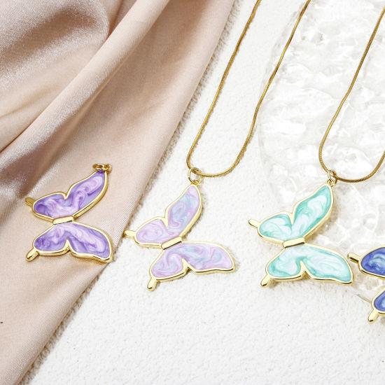 Picture of Eco-friendly Brass Insect Pendants 18K Real Gold Plated Multicolor Pearlized Butterfly Animal Enamel 3.3cm x 3cm