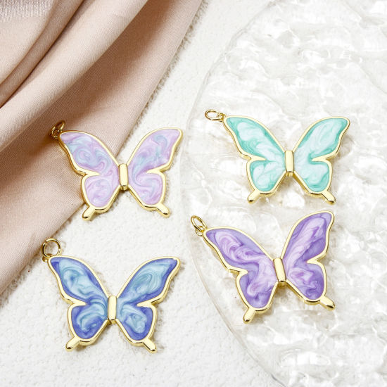 Picture of Eco-friendly Brass Insect Pendants 18K Real Gold Plated Multicolor Pearlized Butterfly Animal Enamel 3.3cm x 3cm