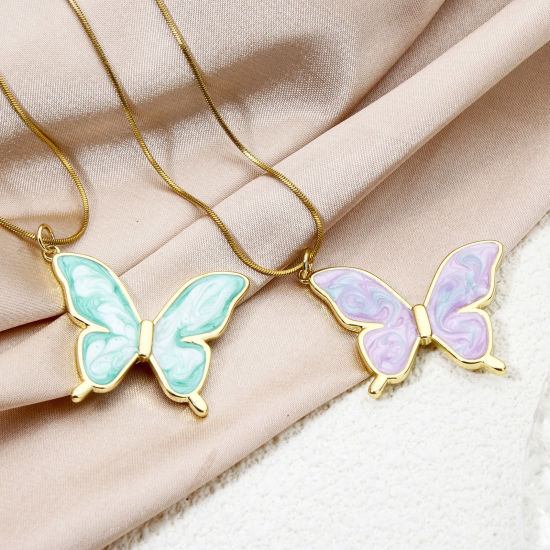 Picture of Eco-friendly Brass Insect Pendants 18K Real Gold Plated Multicolor Pearlized Butterfly Animal Enamel 3.3cm x 3cm