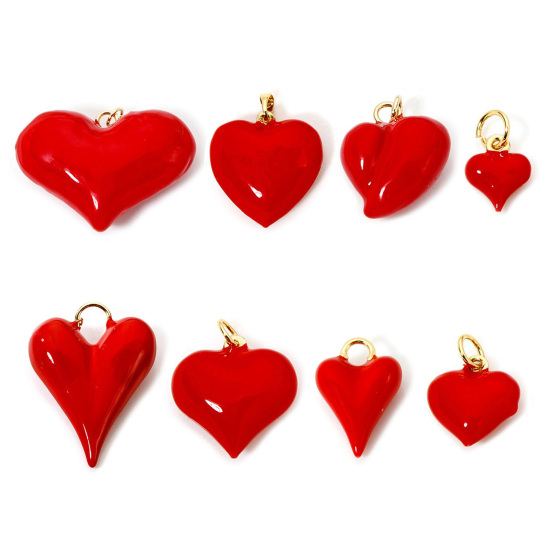 Bild von Umweltfreundlich Messing Valentinstag Charms 18K Echtgold plattiert Rot Herz Emaille