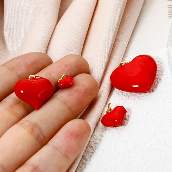 Bild von Umweltfreundlich Messing Valentinstag Charms 18K Echtgold plattiert Rot Herz Emaille