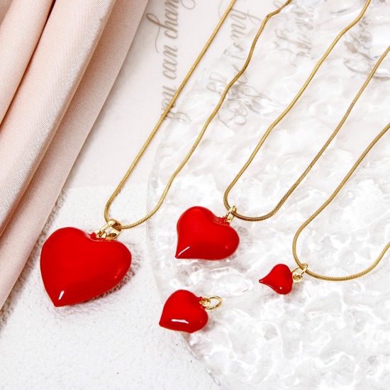 Bild von Umweltfreundlich Messing Valentinstag Charms 18K Echtgold plattiert Rot Herz Emaille