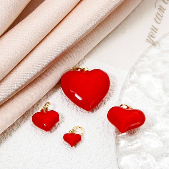 Bild von Umweltfreundlich Messing Valentinstag Charms 18K Echtgold plattiert Rot Herz Emaille