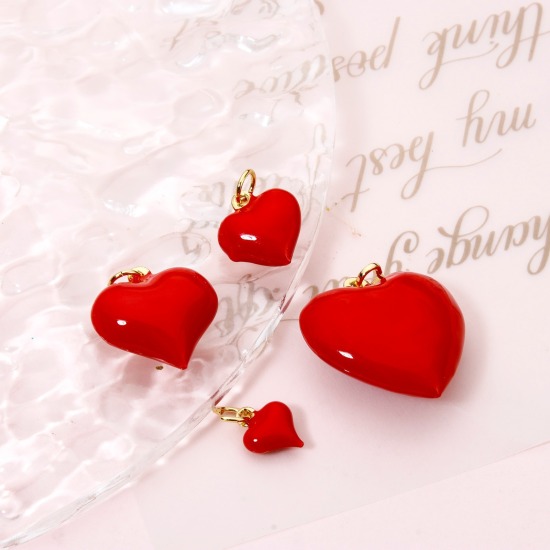 Bild von Umweltfreundlich Messing Valentinstag Charms 18K Echtgold plattiert Rot Herz Emaille