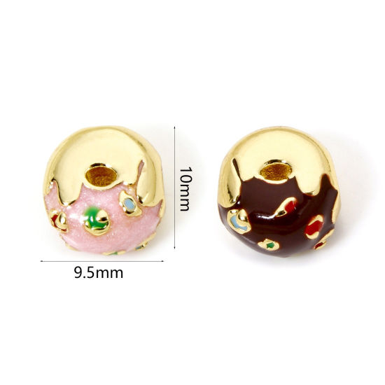 Picture of Eco-friendly Brass Beads For DIY Jewelry Making 18K Real Gold Plated Multicolor Donut Enamel 3D About 10mm x 9.5mm, Hole: Approx 2.8mm