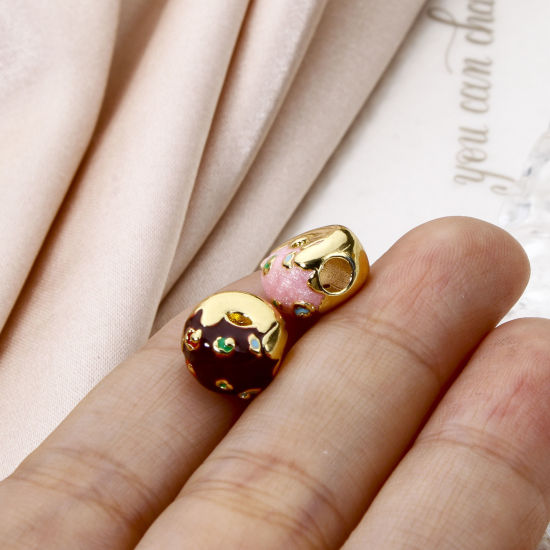 Picture of Eco-friendly Brass Beads For DIY Jewelry Making 18K Real Gold Plated Multicolor Donut Enamel 3D About 10mm x 9.5mm, Hole: Approx 2.8mm
