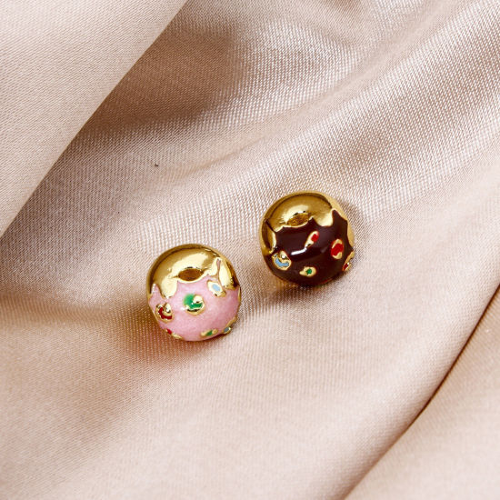 Picture of Eco-friendly Brass Beads For DIY Jewelry Making 18K Real Gold Plated Multicolor Donut Enamel 3D About 10mm x 9.5mm, Hole: Approx 2.8mm